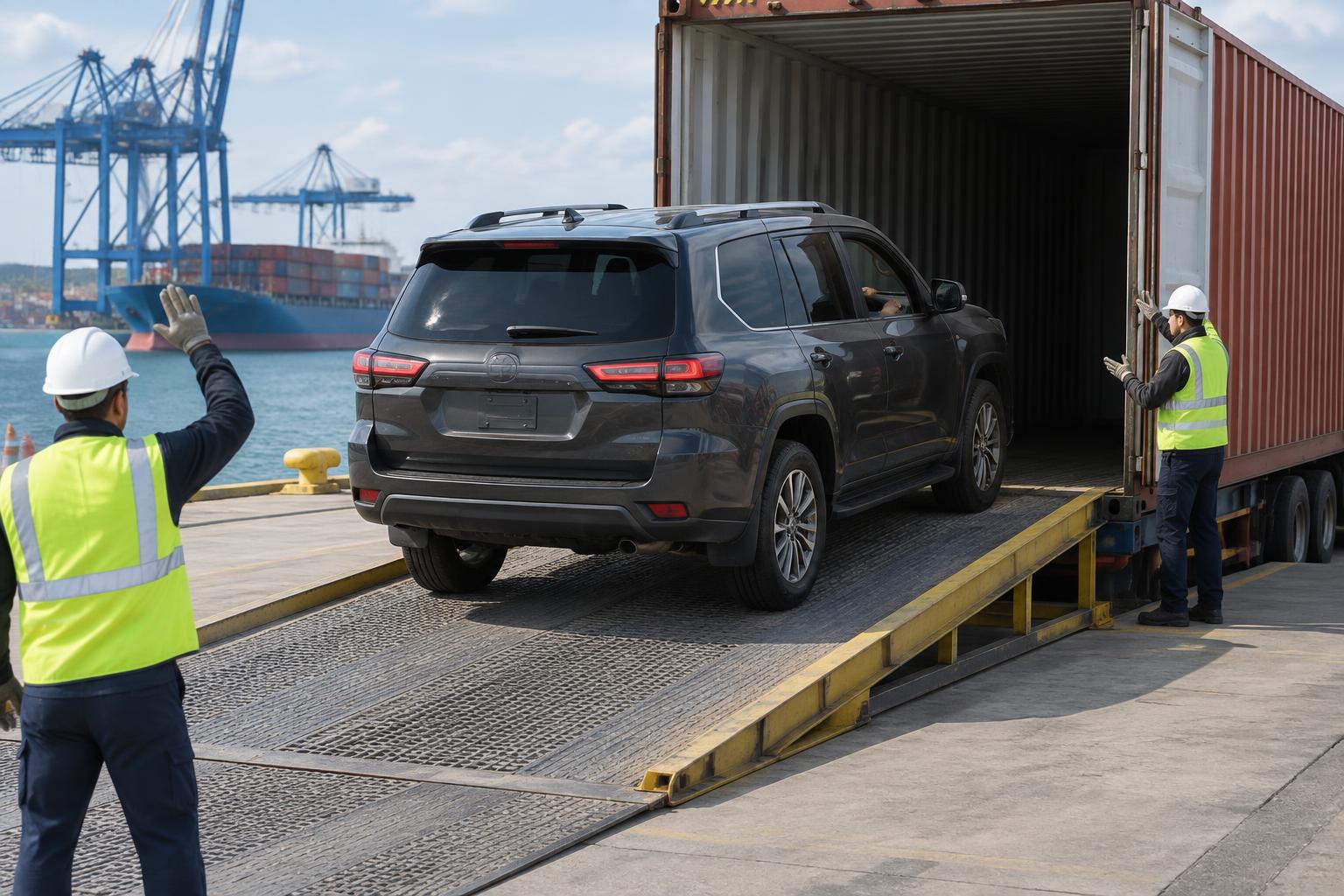 A vehicle being loaded into a shipping container at the Safeedge Logistics dock