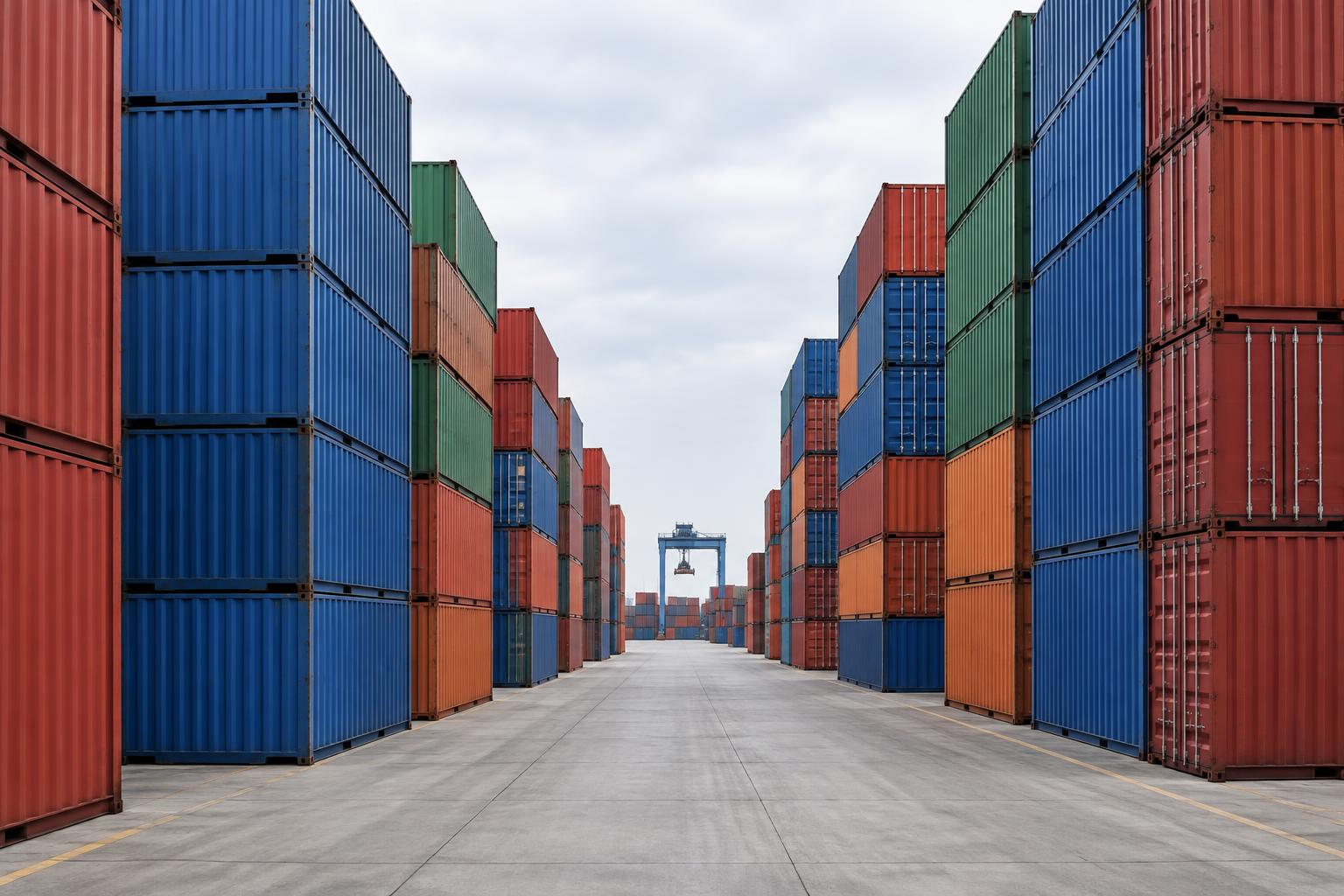 Rows of stacked shipping containers at the port, seen down the corridor between the stacks
