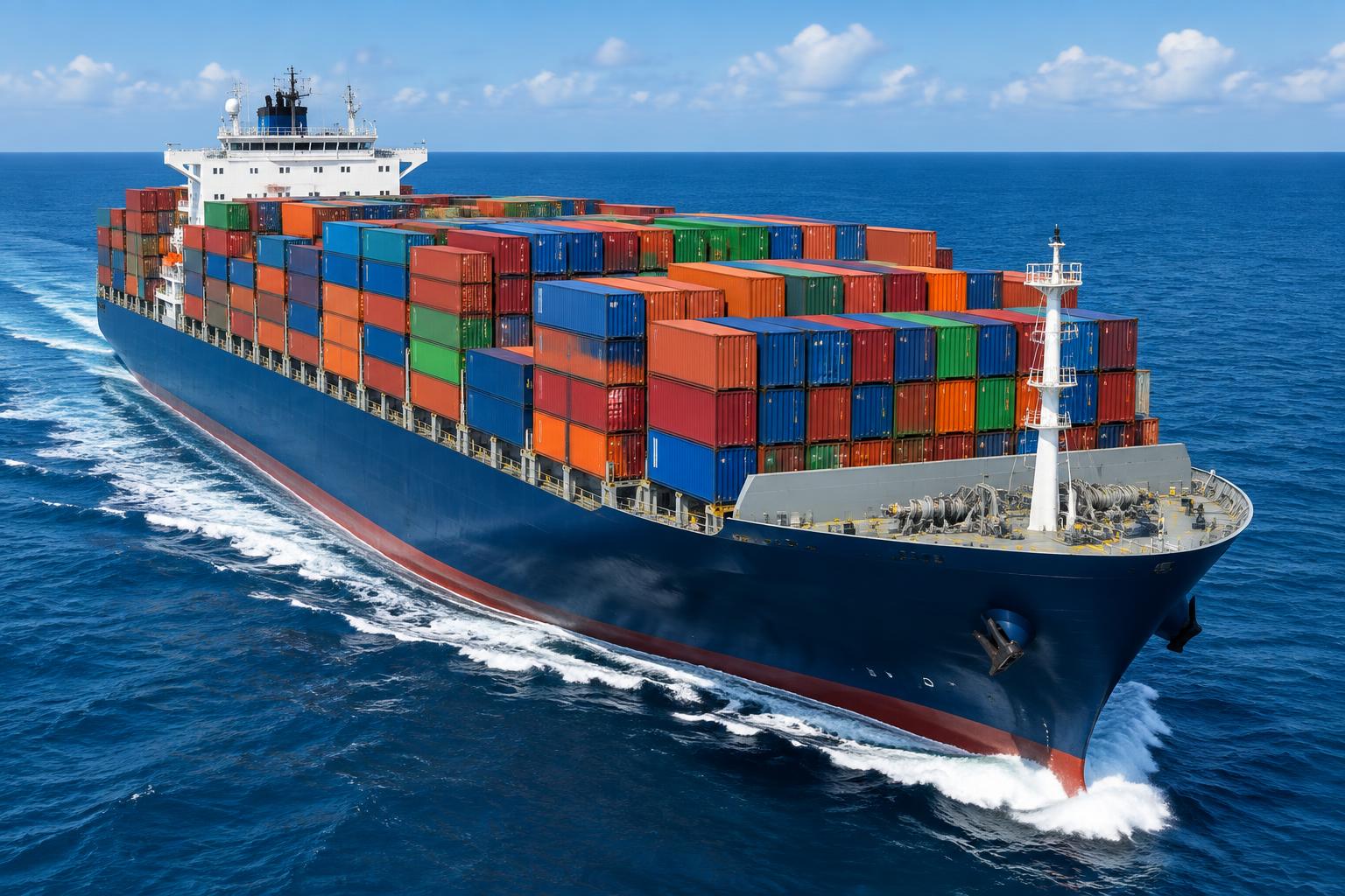 A container ship stacked with colorful shipping containers crossing the ocean to Africa