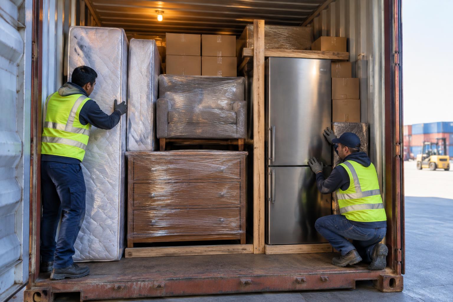 Household goods being packed and braced inside a shipping container